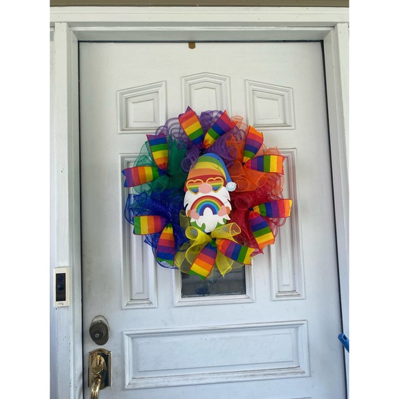 Everyone is Welcome Here Rainbow Gnome Pride Flag LGBTQ Sign Mesh Ribbon Wreath - Picture 9 of 9